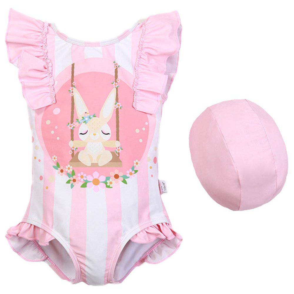 Sugar Rush - 2pc-Set - Cap Sleeves Swimsuit & Cap - Pink