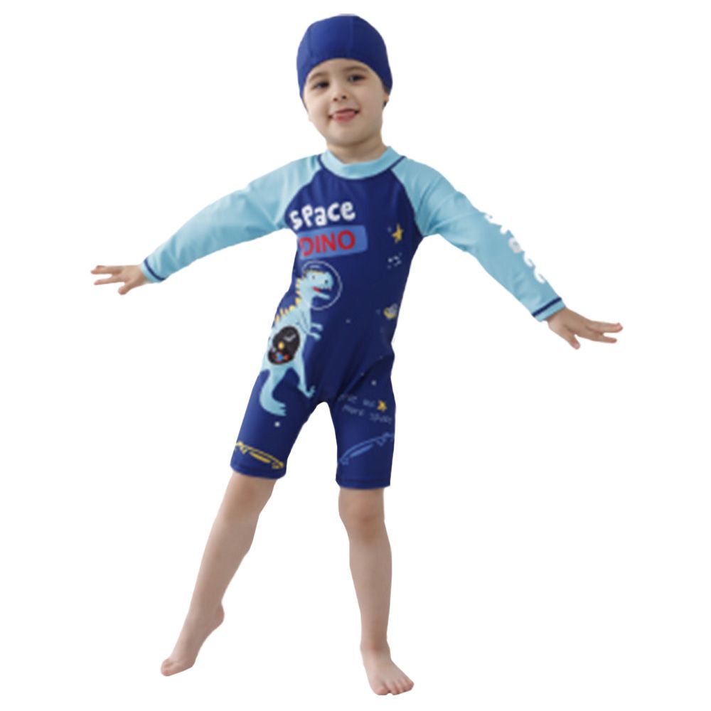 Sugar Rush - 2pc-Set - Dino Full Sleeves Swimwear & Cap - Blue