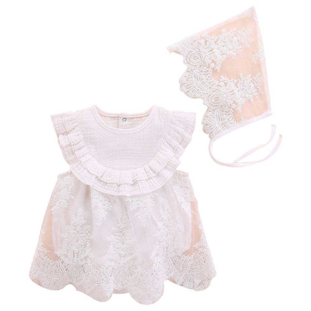 Sugar Rush - Round Neck Lace Romper With Cap - White_0m-12m