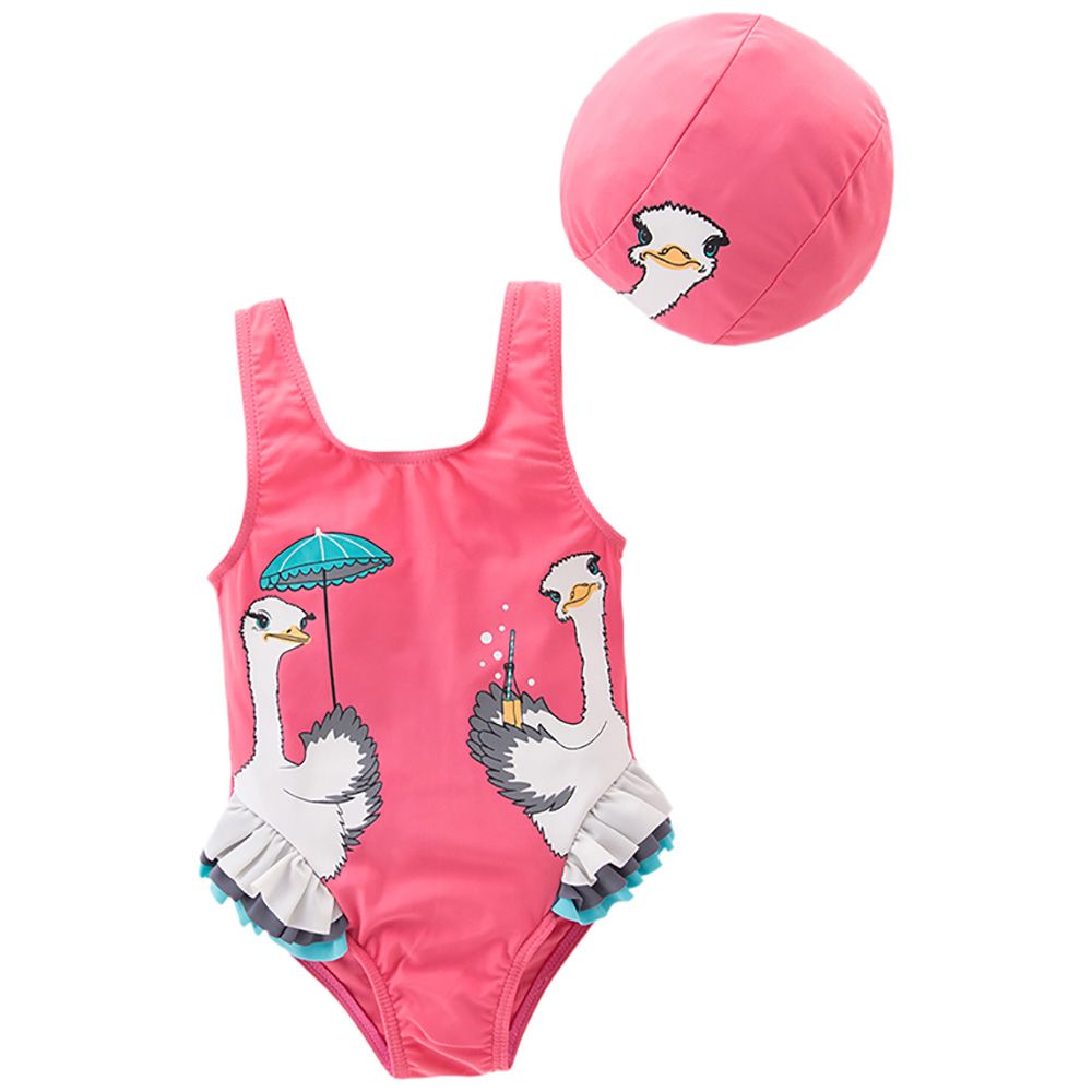 Super Cute - Duck Printed Swimsuit With Cap - Red