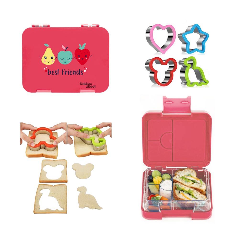 Rainbow Skool - 4 Compartment Lunchbox with Sandwich Cutter - Fruits Pink