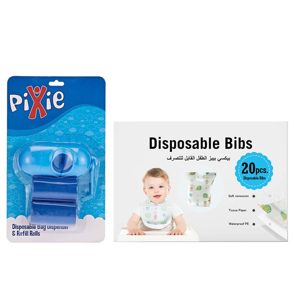 Pixie - Bibs + Disposable Bag Dispenser and Refill Rolls - Baby Disposable Combo