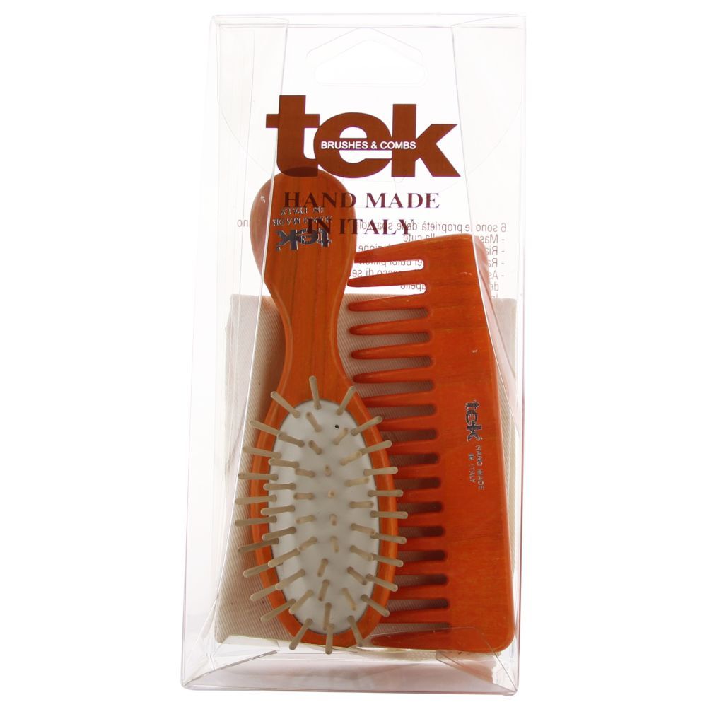 Tek - Oval Wooden Brush And Comb With Cotton Bag - Yellow