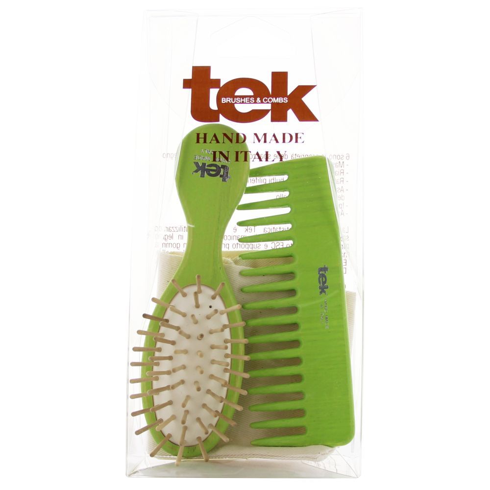 Tek - Oval Wooden Brush And Comb With Cotton Bag - Lime