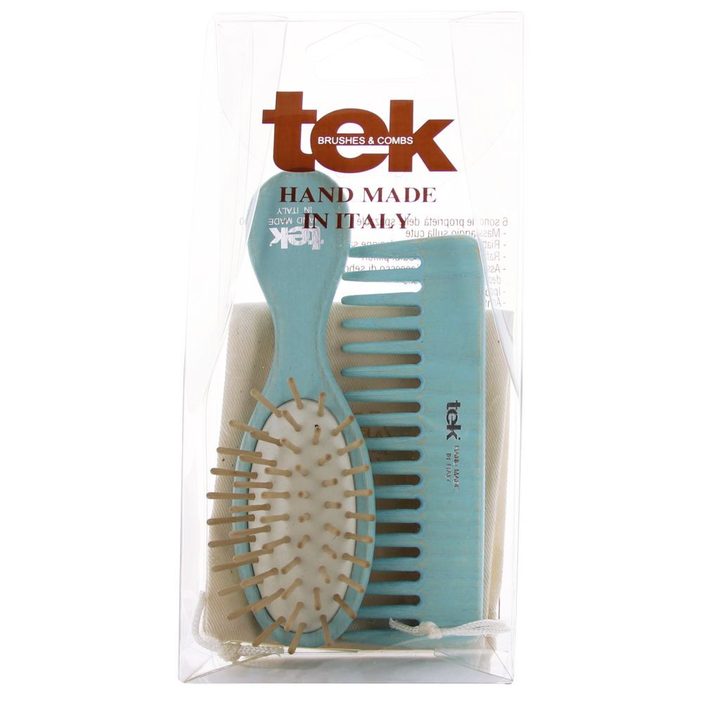 Tek - Oval Wooden Brush & Comb With Cotton Bag - Light Blue