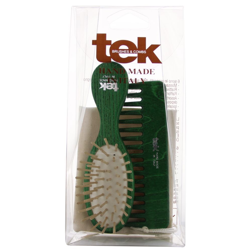 Tek - Oval Wooden Brush And Comb With Cotton Bag - Green