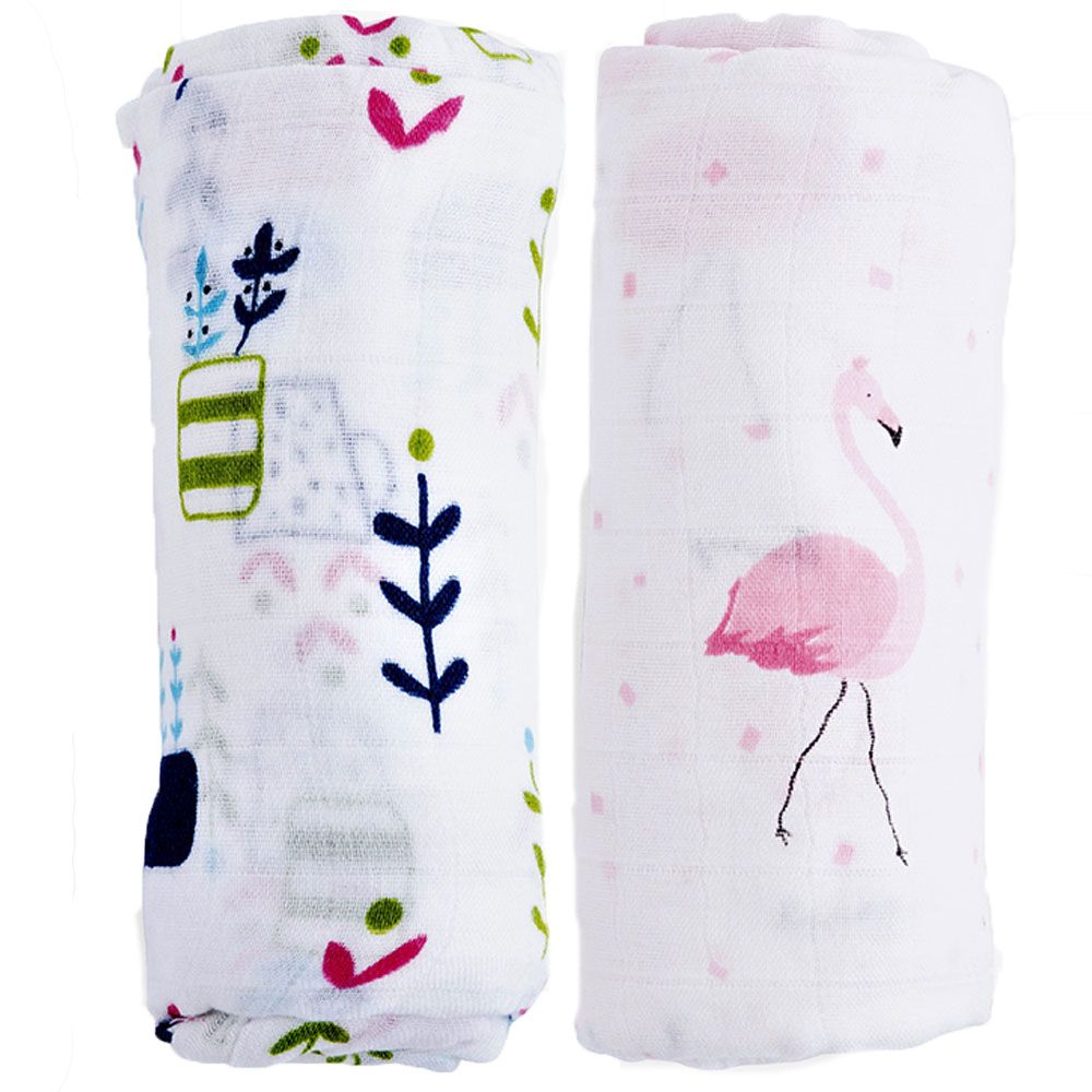 Anvi Baby - Organic Muslin Swaddle 2pc - Flamingo Plant