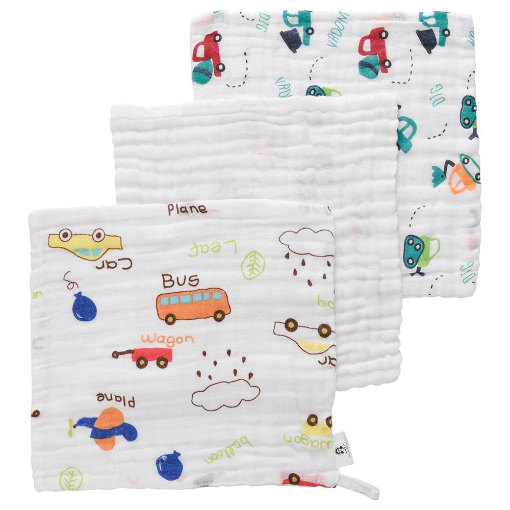 Anvi Baby - Face & Burp Cloth Set of 3 - Automobiles - White