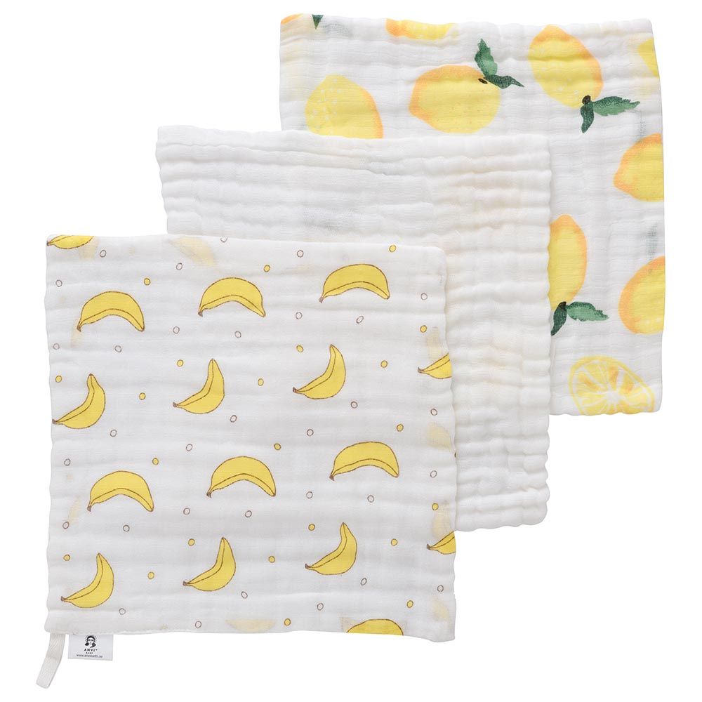 Anvi Baby - Face & Burp Cloth Set of 3 - Go Bananas - White