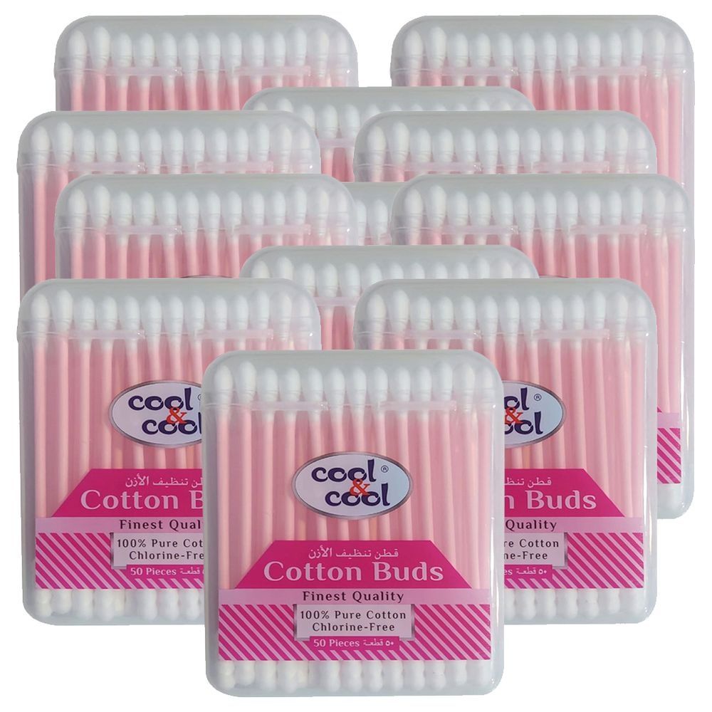 Cool & Cool - 50 Cotton Buds Paper Sticks - Pack of 12 - Pink