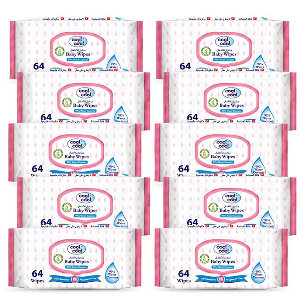 Cool & Cool - Baby Wipes, 64's - Bundle of 10