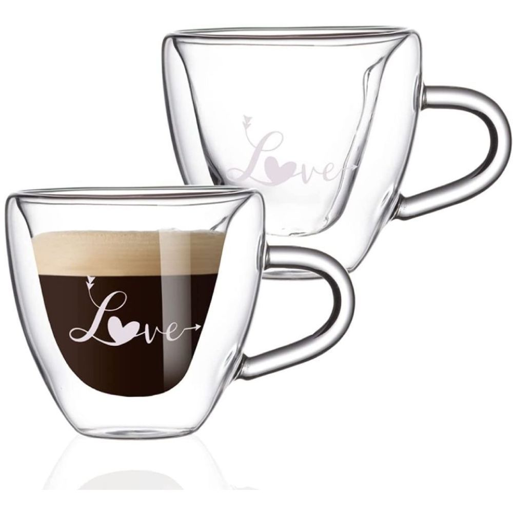 1CHASE - Double Wall Heart Shape "Love Printed" Coffee Mugs, 180ml - Pack of 2