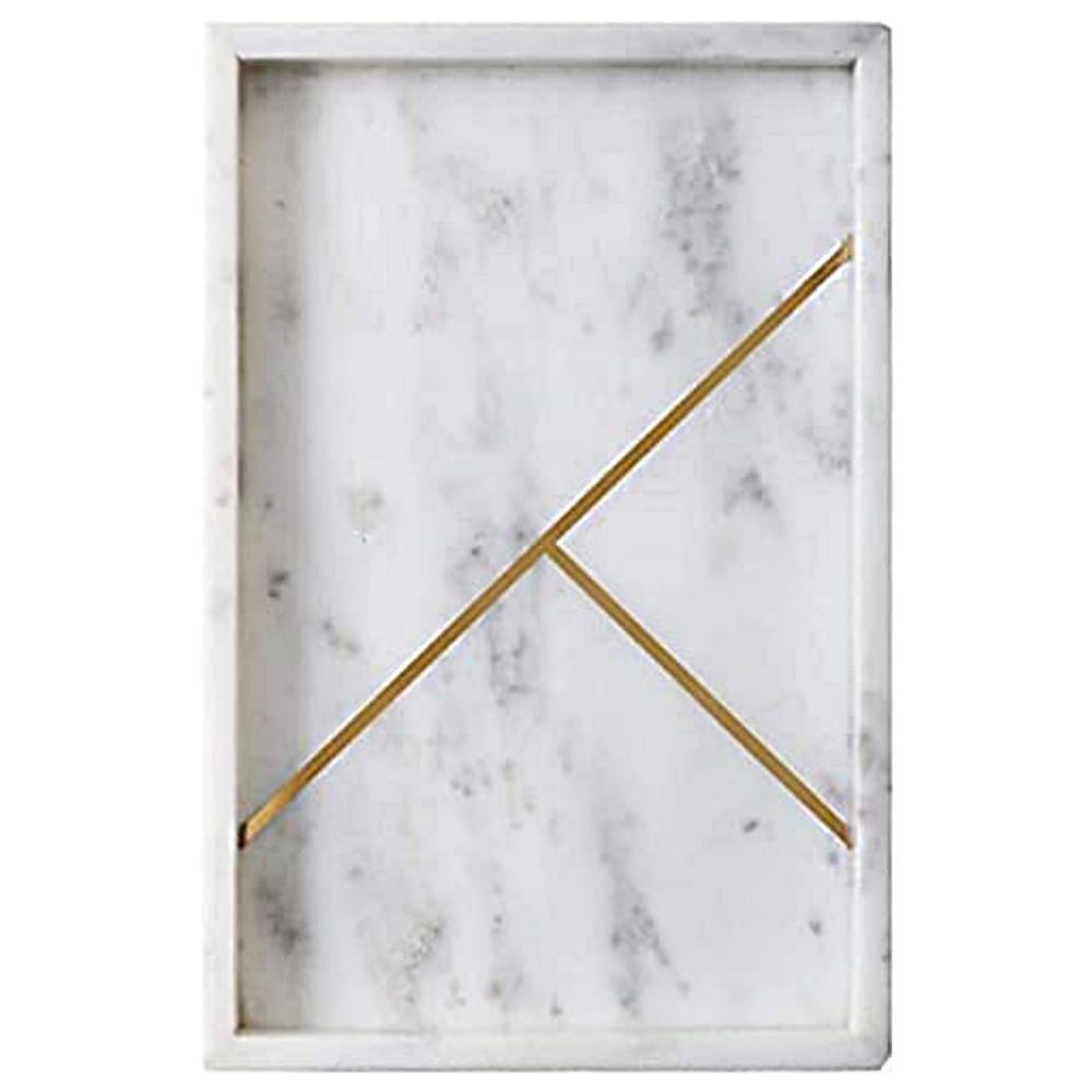 1Chase - Rectangular Marble Stone Tray W/ Gold Rib Pattern - White