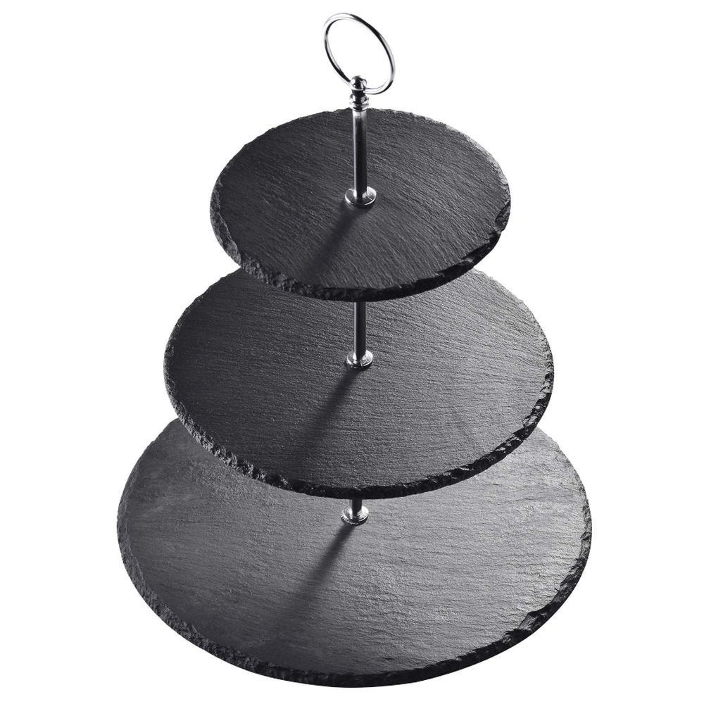 1Chase - 3 Tier Stone Round Slate Cake Stand - Black