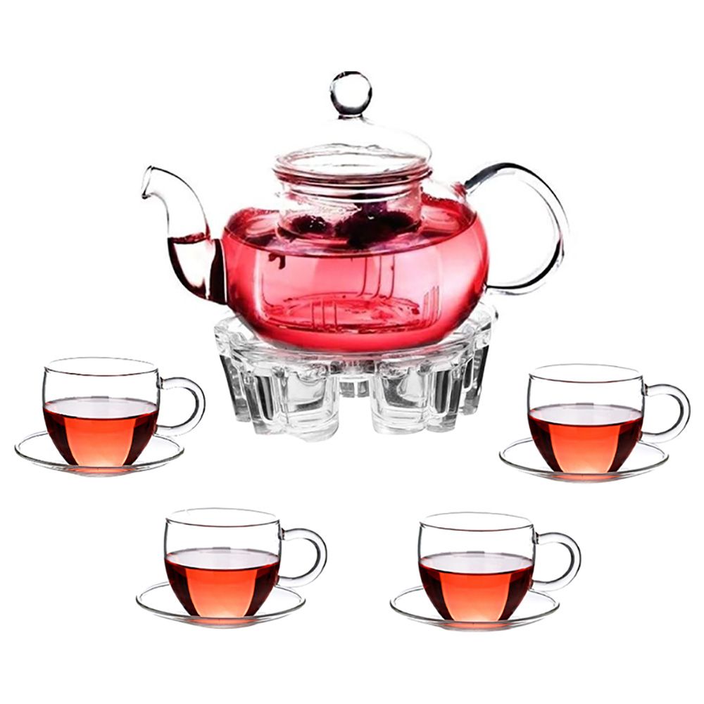 1CHASE - Glass Teapot Tea Warmer W/ Pack of 4 Cups