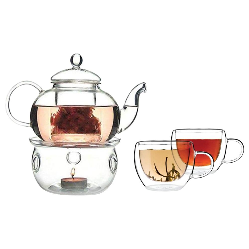 1Chase - GlassTeapot With Tea Warmer and Double Wall Glass Cup 150 ml Pack of 2 