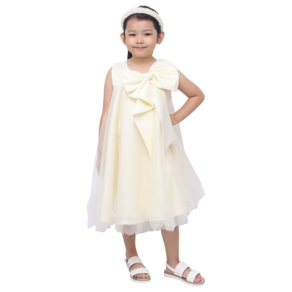 D' Daniela - Big Bow Front Party Dress - Beige