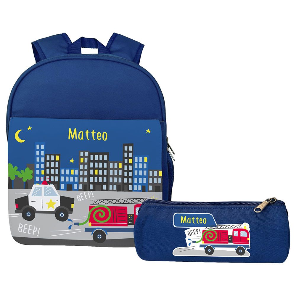 Essmak - Emergency Vehicles Backpack & Pencil Case - 12-Inch - Blue