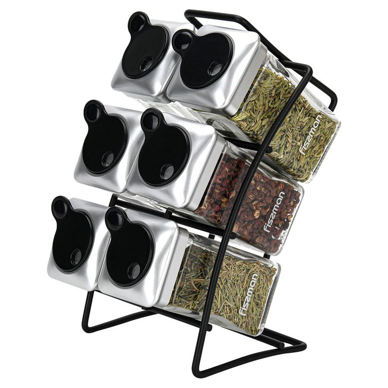 Fissman - Glass Condiments w/ Stand - 6Pc - Transparent/Black 