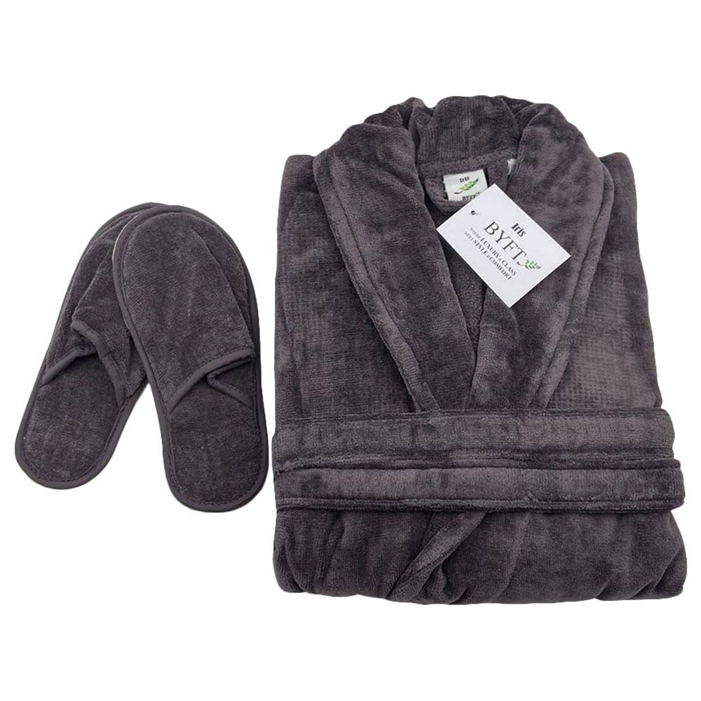 BYFT - Velour Cotton Bathrobe W/ Slippers - Charcoal Grey