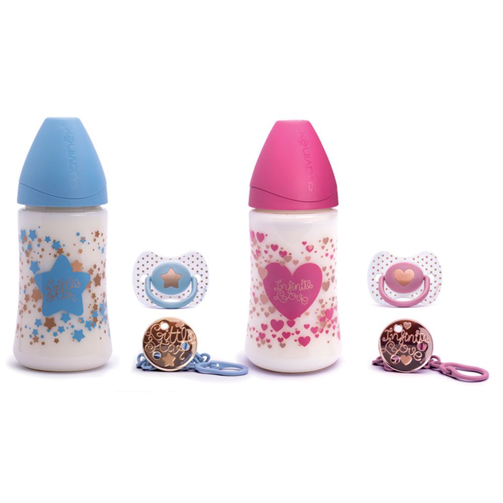 Suavinex - Premium Set 270ml With 3-Position Round Teat + Soother PA Silicone & Chain 0-4m 1pc