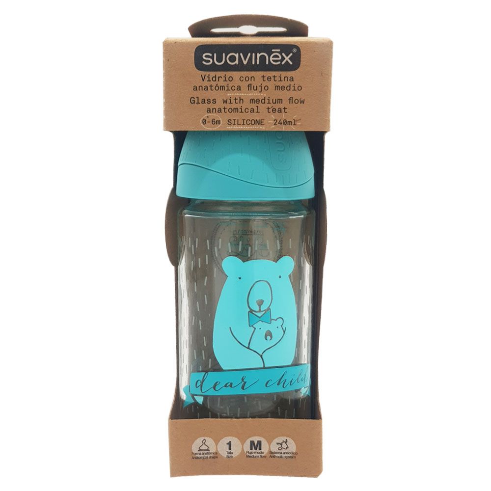 Suavinex - Anatomical Glass Bottle 240ml - Bear - DBlue