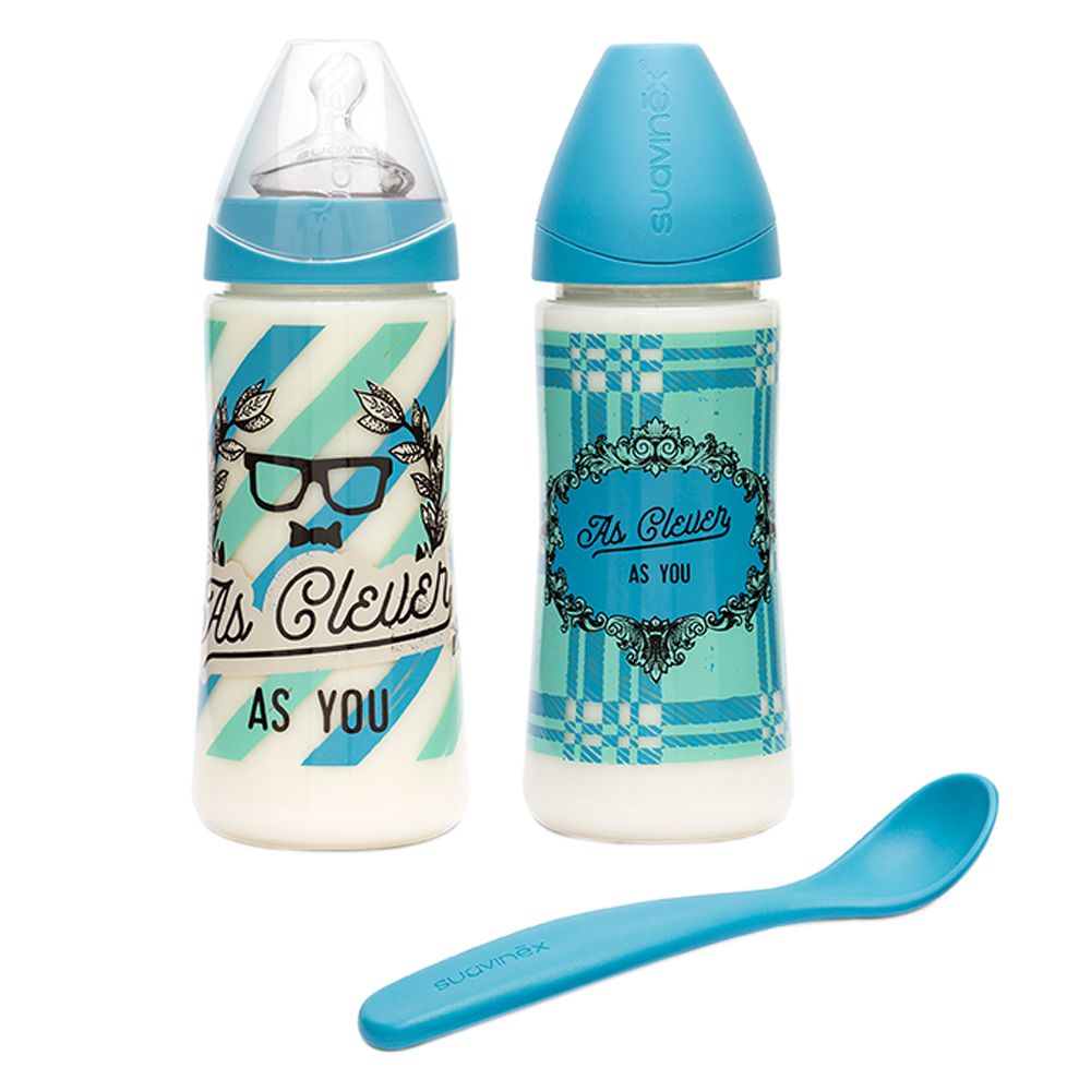 Suavinex - Clever As You Bottle 360ml 2pcs with Spoon - Blue