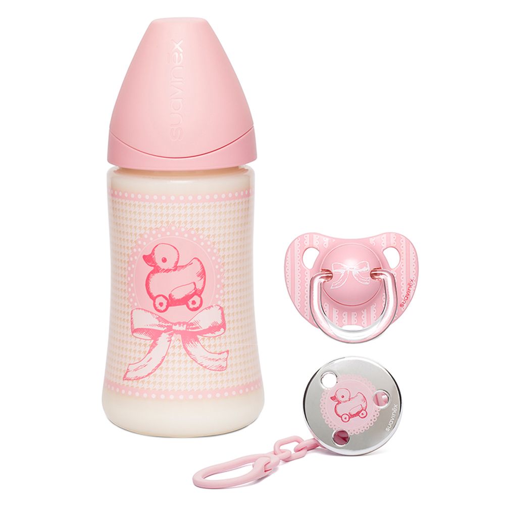 Suavinex - Baby Bottle 270ml + Silicone Pacifier 0-6M - Pink