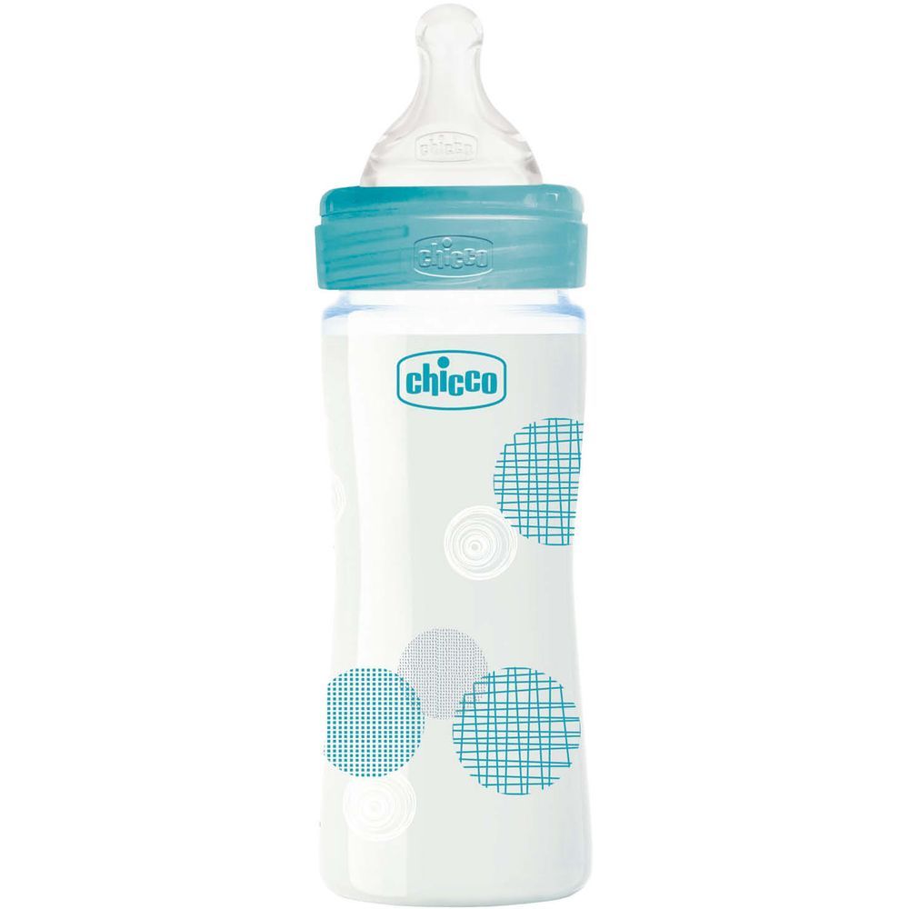 Chicco - Well-Being Glass Bottle Slow Flow 0m+ Silicone240ml - Blue