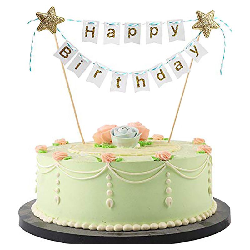 Brain Giggles - White & Golden Happy Birthday Cake Topper