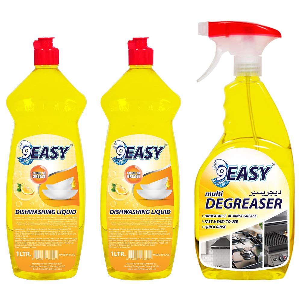 9Easy - Dishwashing Liquid 1L - Pack of 2 + Degreaser - 750ml