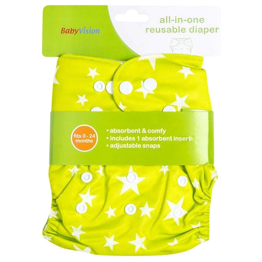 BabyVision - Reusable Diaper All-In-One White Star - Green