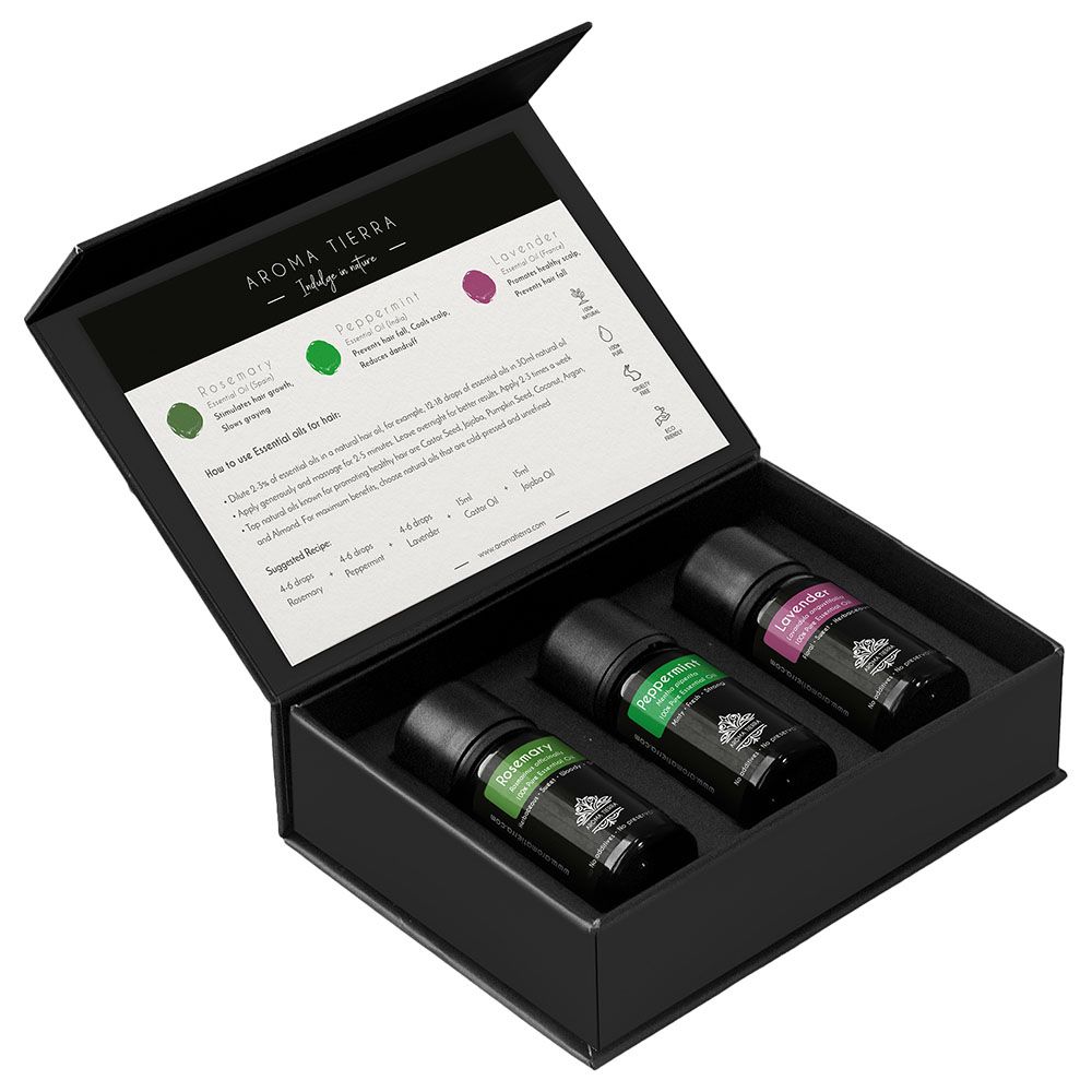 Aroma Tierra - Hair Care Essential Oil Set - Rosemary, Perppermint and Lavender