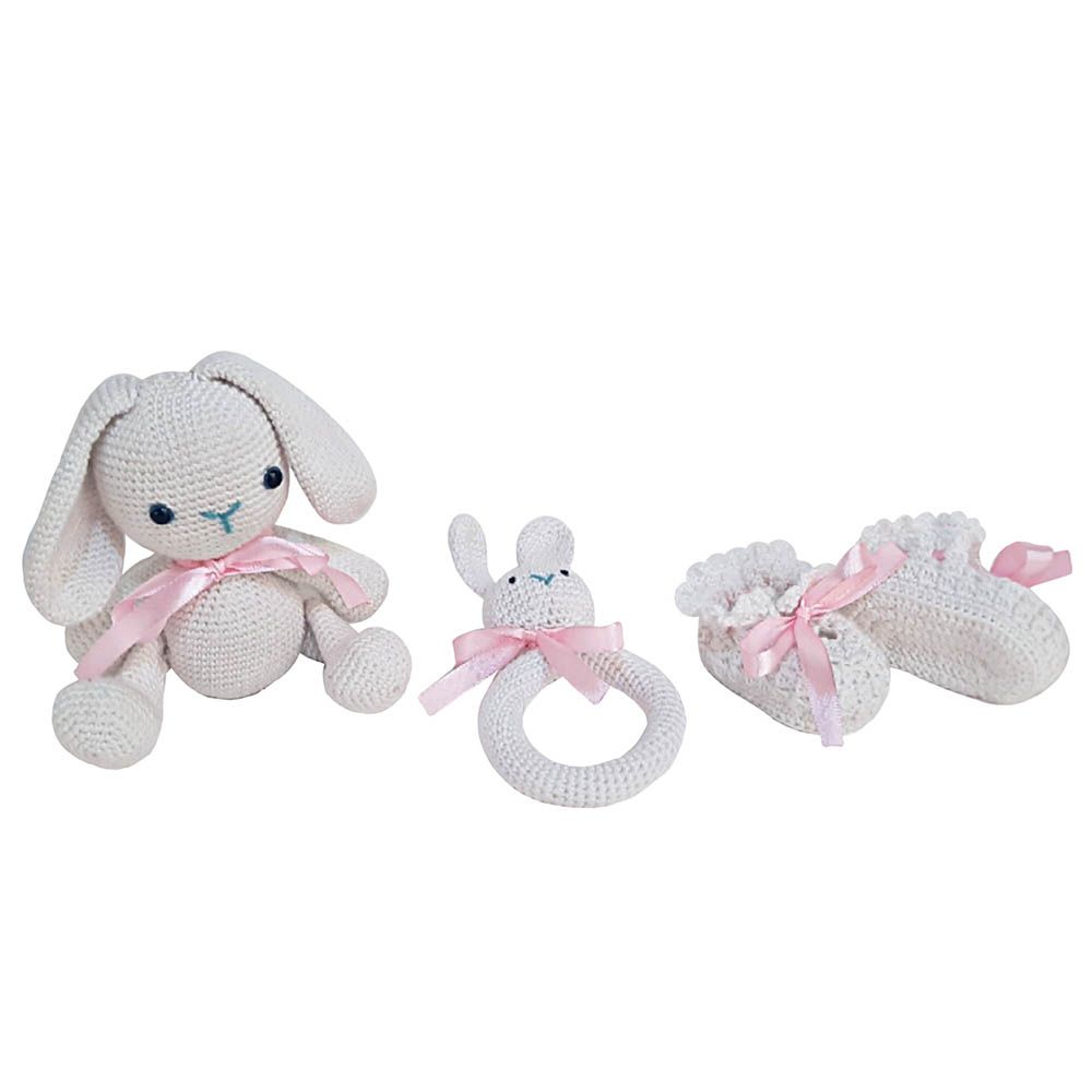 Pikkaboo Snuggle & Play Soft Crocheted Bunny Set White/Pink