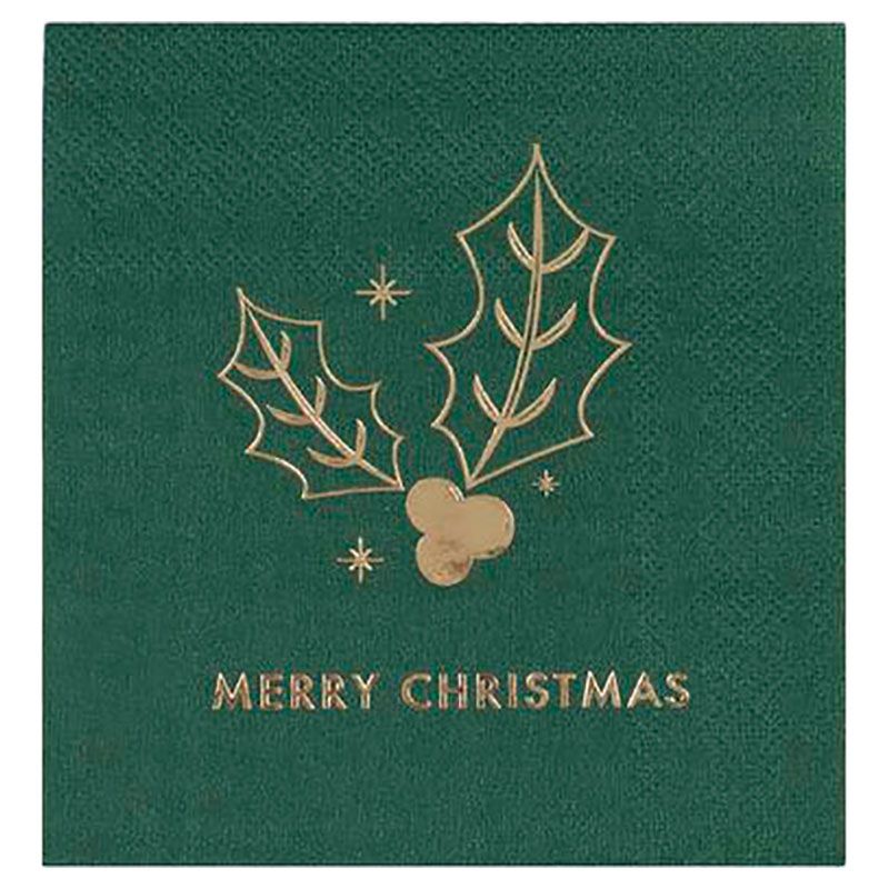 Ginger Ray - Paper Cocktail Merry Christmas Foiled Napkins - 16pcs - Green/Gold