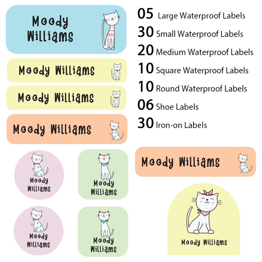 My Labels - Shoe & Iron On Waterproof Labels - Kitty - White