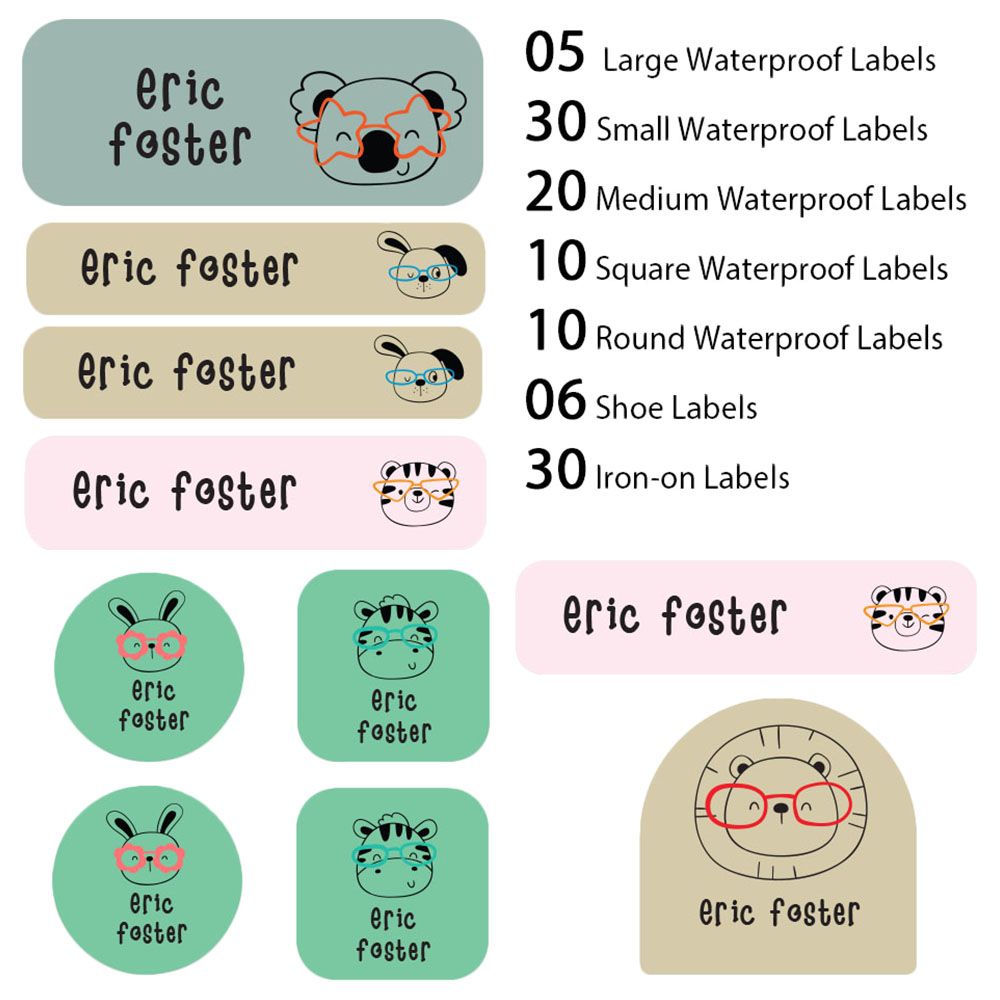 My Labels - Shoe & Iron On Waterproof Labels - Animals In Specs