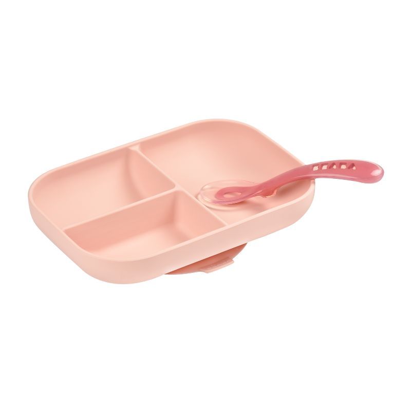 Beaba - Silicone Suction Divided Plate With Spoon - Pink