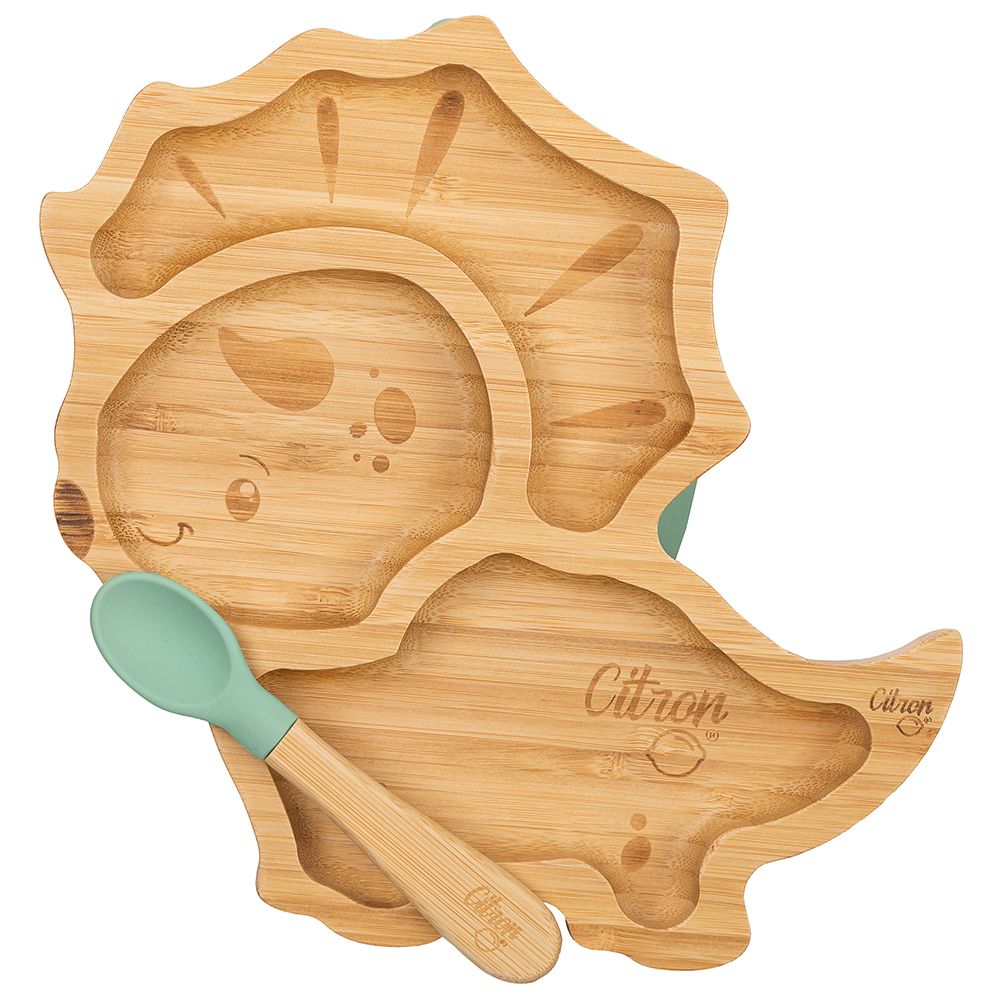 Citron - Organic Bamboo Plate Suction with Spoon - Dino Pastel Green