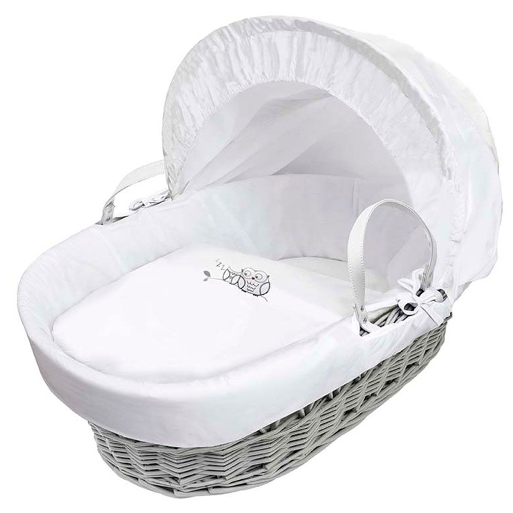 Kinder Valley - White Sleepy Owl Grey Wicker Moses Basket