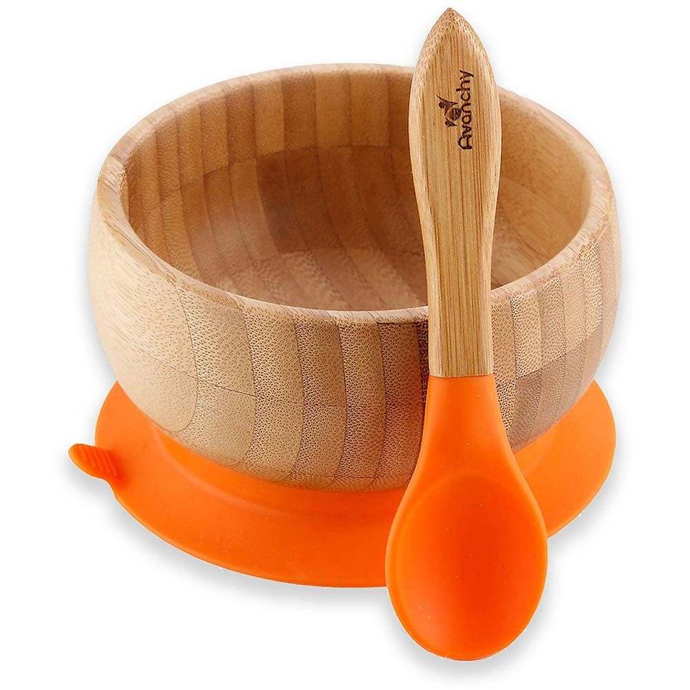 Avanchy - Baby Bamboo Stay Put Suction Bowl + Spoon - Orange