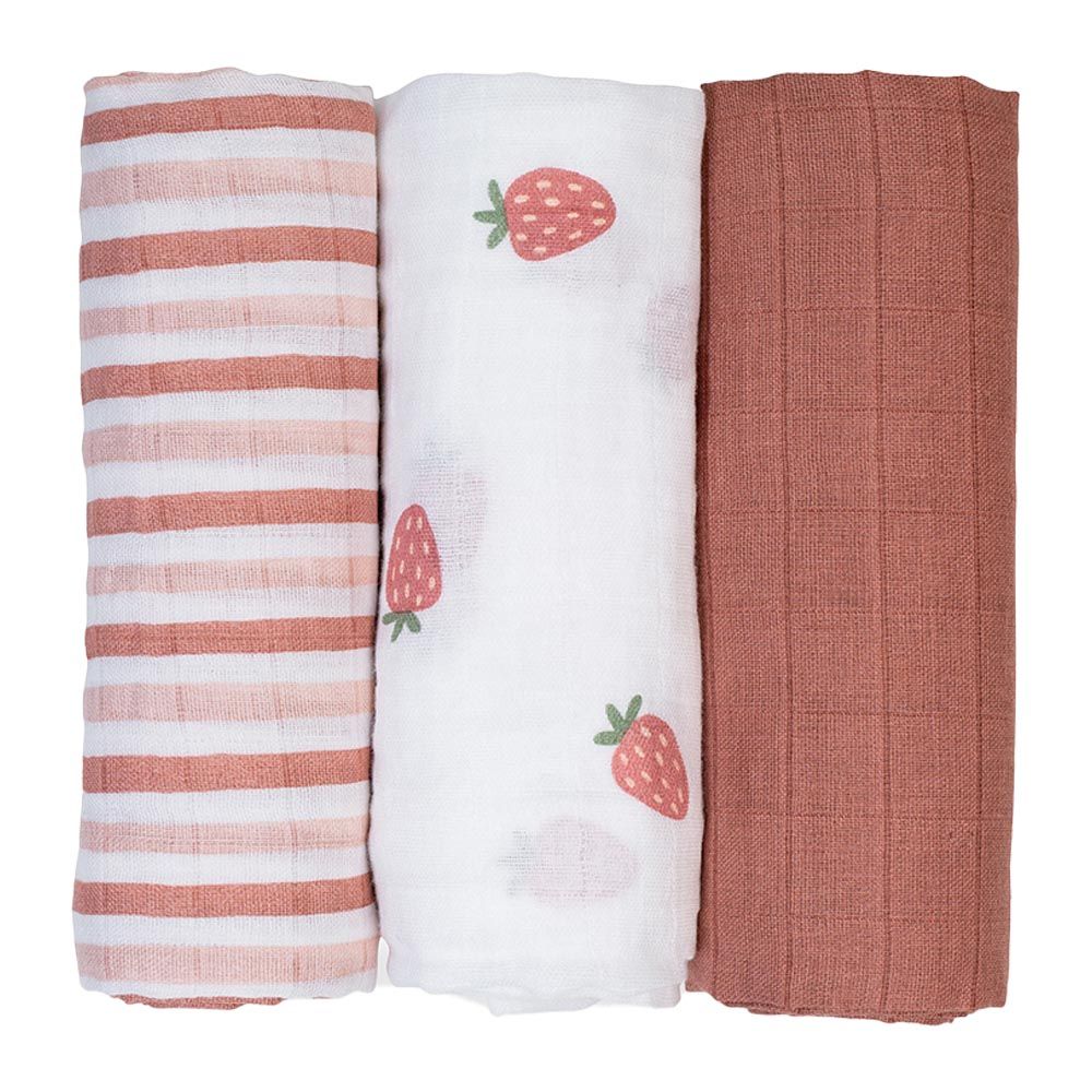 Lulujo - 3pc-Set - Mini Muslin Cloths - Strawberries