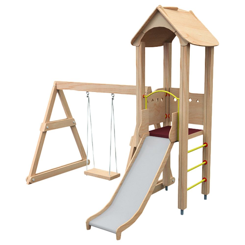 Moon Kids - Wooden Playhouse W/ Ladder, Slide & Single Swing