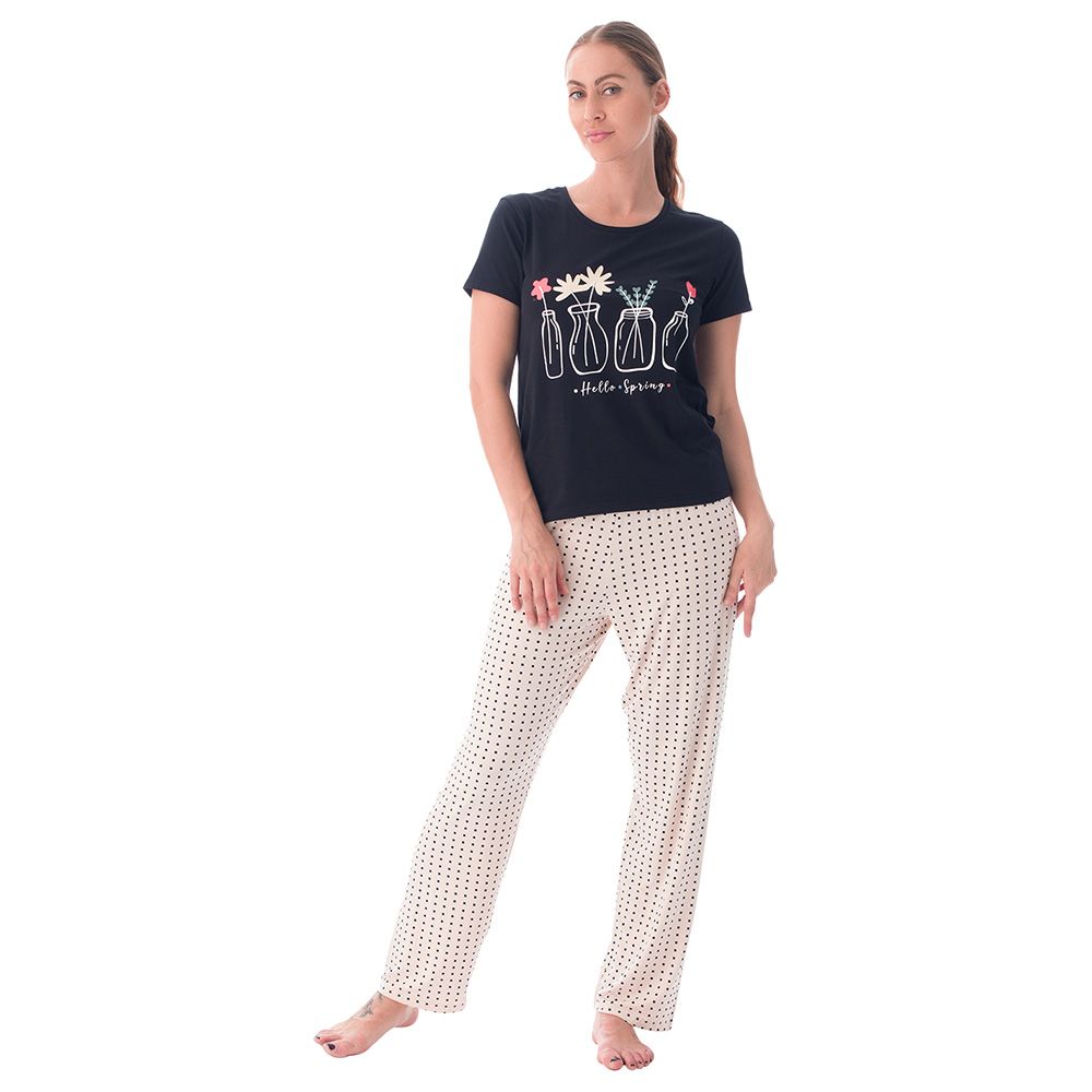 Lacy Dreams - Printed T-Shirt & Pyjama Set - Black