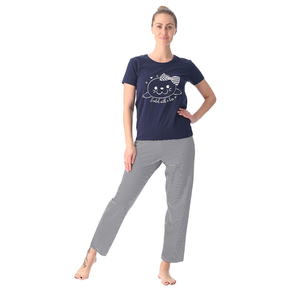 Lacy Dreams - Printed T-Shirt & Pyjama Set - Blue