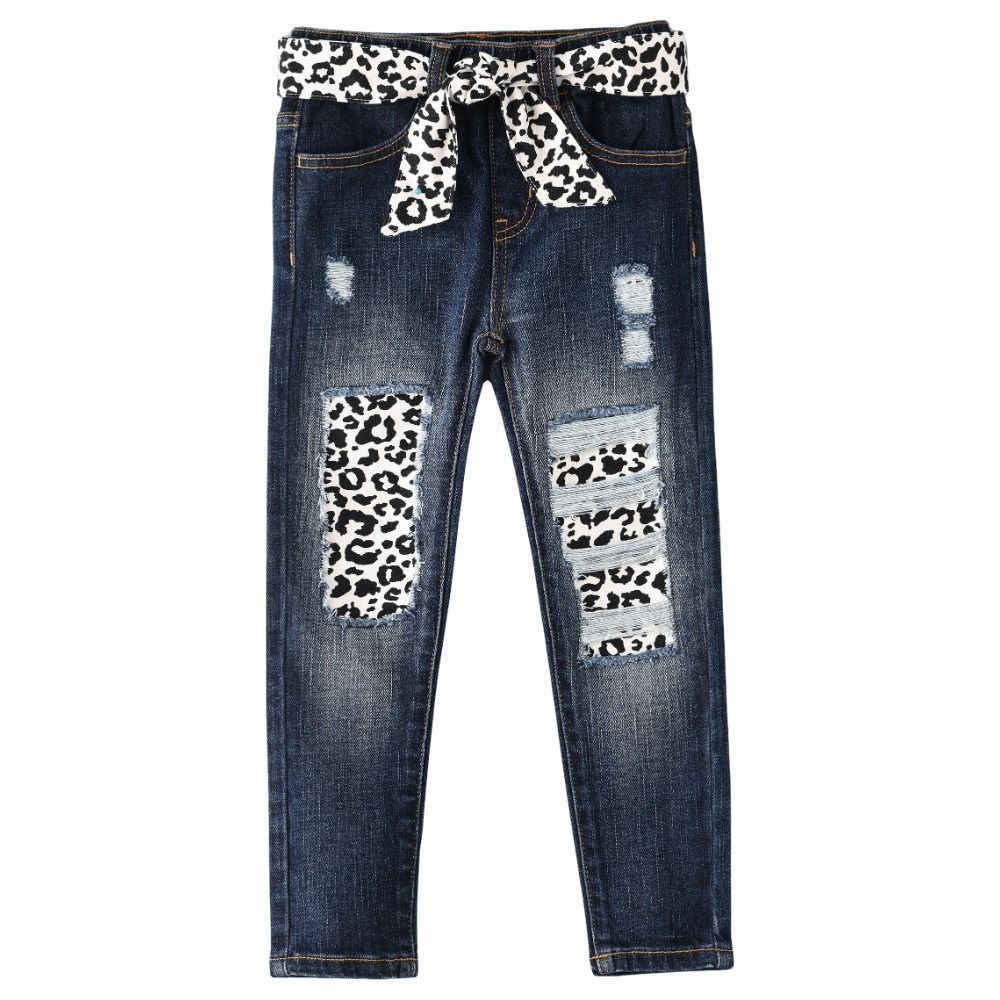 Jelliene - Woven Denim Pant W/ Leopard Print Belt - Blue