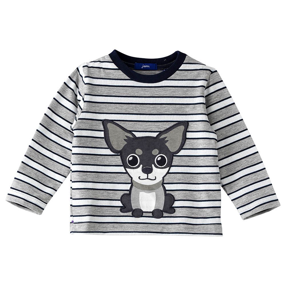 Jam - Dog Print Knit Top w/ Stripes - Grey