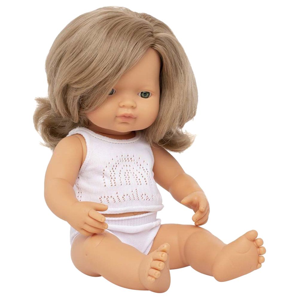 Miniland Baby - Caucasian Dark Blonde Girl Doll - 38cm - White