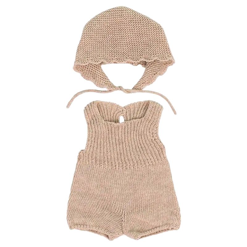 Miniland Baby - Knitted Doll Outfit Rompers & Bonnet - 38cm - Beige