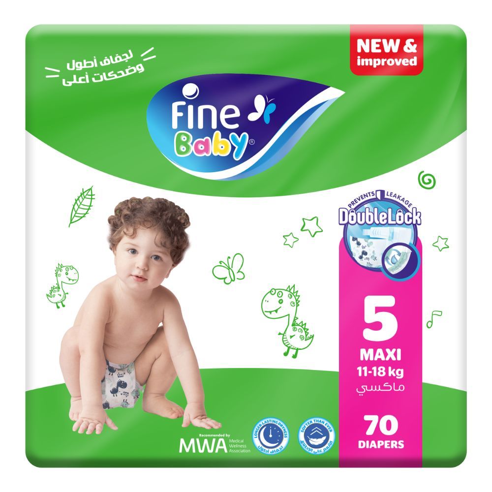 Fine Baby Diapers, DoubleLock Technology, Size 5, Maxi 11-18kg, Mega Pack, 70 Count